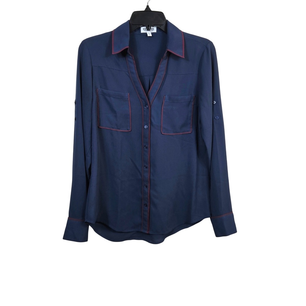 Express Portofino Women Navy Burgundy Piping Chiffon Roll Tab Sleeve Shirt Small